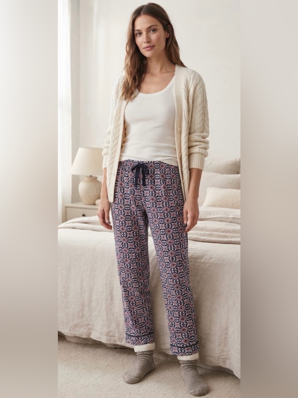 Flannel Navy Patterned Pajama Pants Nordic Fair Isle Print